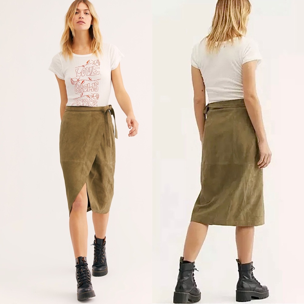 FREE PEOPLE Suede Wrap Midi Skirt Green size 6